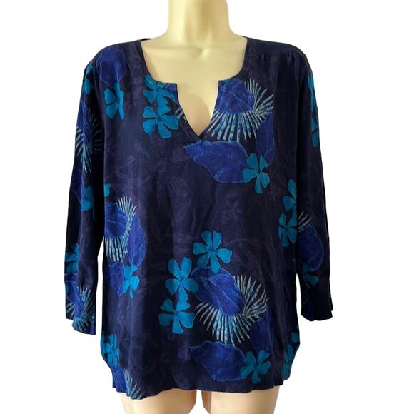 Chico’s 3 Navy Blue Floral Print Silk Blend Sweater Pullover Lightweight - Picture 1 of 8
